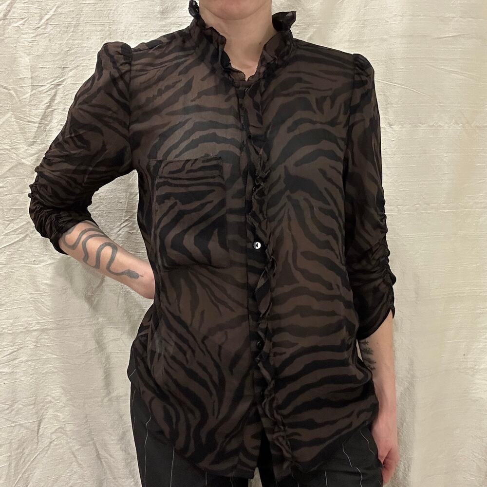ba&sh Sisco Animal Print Ruffle Sheer Blouse Brown Black Naturel Career Sz Small